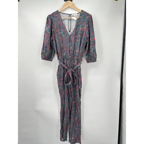 EVEREVE NWT Ember V Neck Multicolor Print Cotton Blend Tie Waist Jumpsuit  // M - Picture 6 of 16
